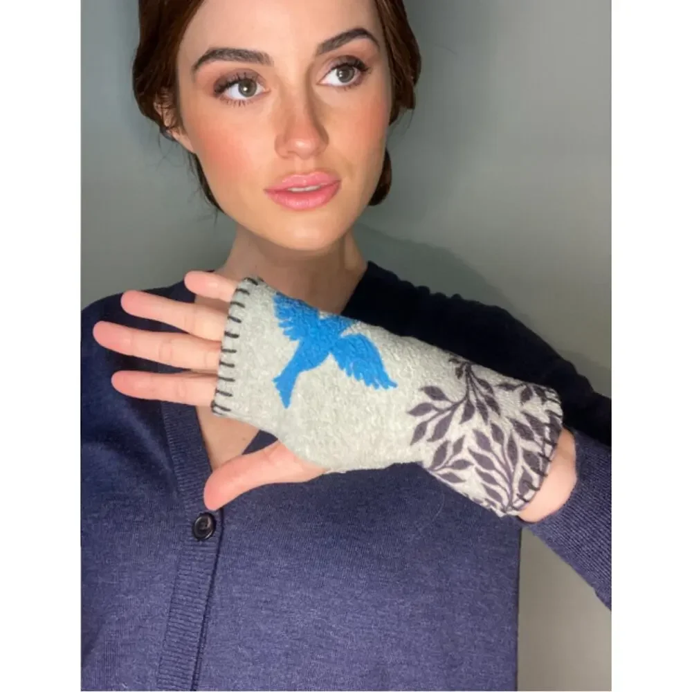 Handmade Fleece Hand Warmers Gray & Turquoise Birds ~ One Size ~ So Hygge!